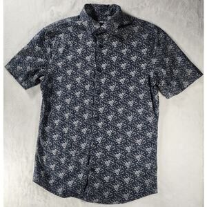 XS Express Men’s Slim Navy Blue Floral Micro Print Button Up Short Sleeve Shirt